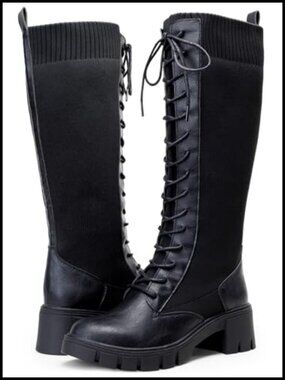 Women's Lace Up Platform Chunky Heel Knee High Combat Boots